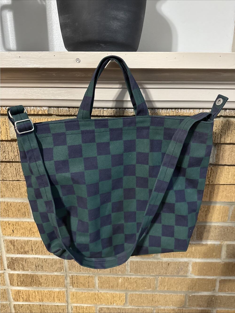 Baggu Horizontal Zip Duck Bag Blue Green Check Plaid Cotton Duck VGC